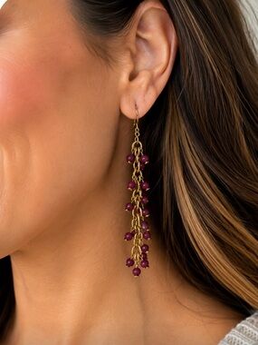 The Sak Gold Tone Beaded Dangle Earrings | Burgundy Berry Fringe | Boho Chic